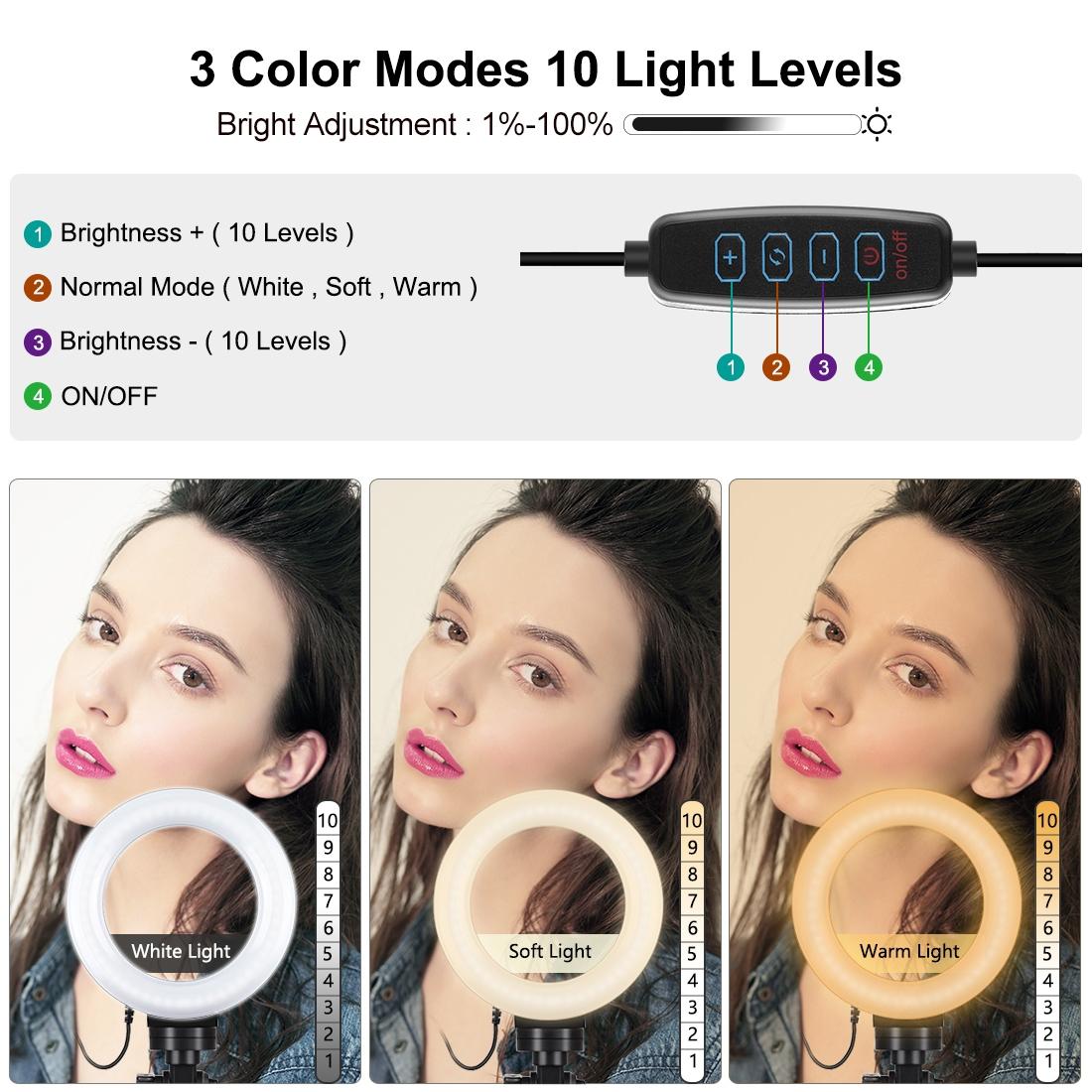 USB 3 Modes Dimmable LED Ring Light & Pocket Tripod Kit with Cold Shoe Ball Head | 4.7 - Inch Diameter