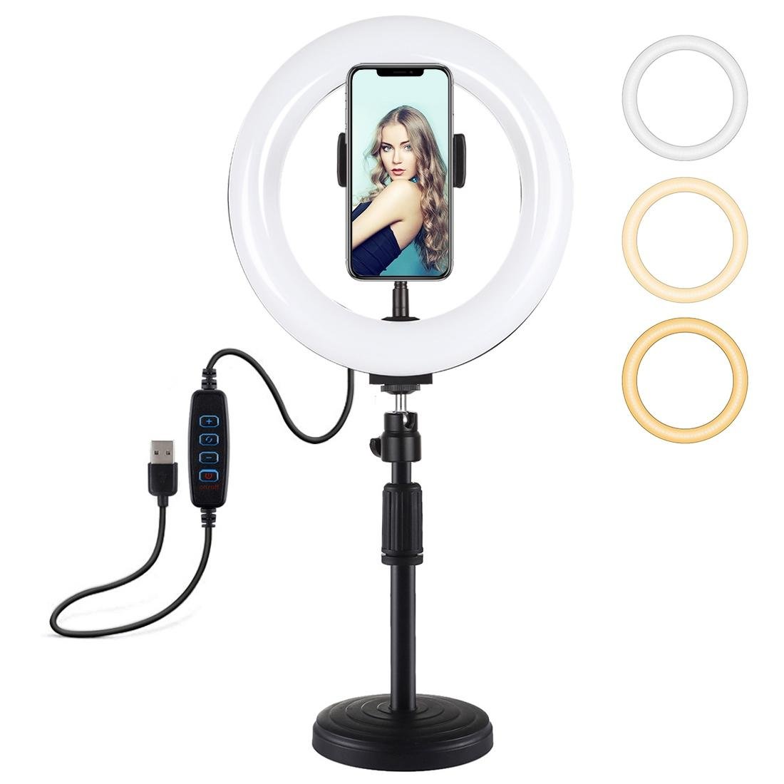 7.9" LED Ring Light with USB | 3 Modes Dimmable | Dual Colour | Phone Clamp