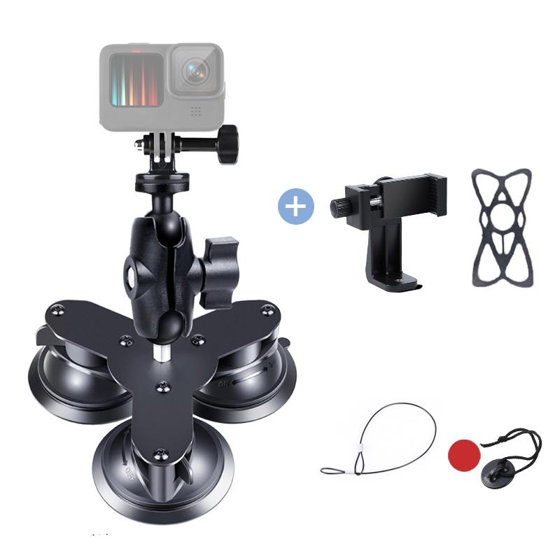 Triangle Suction Cup Mount for GoPro with Tripod Adapter & Phone Clamp