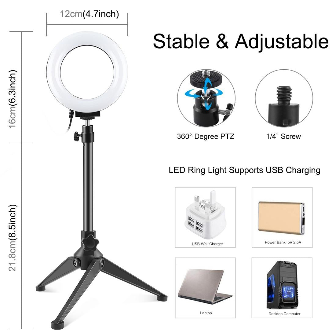 10 Mode USB LED Ring Light with Tripod Mount & Cold Shoe Ball Head | 4.7 - Inch Diameter