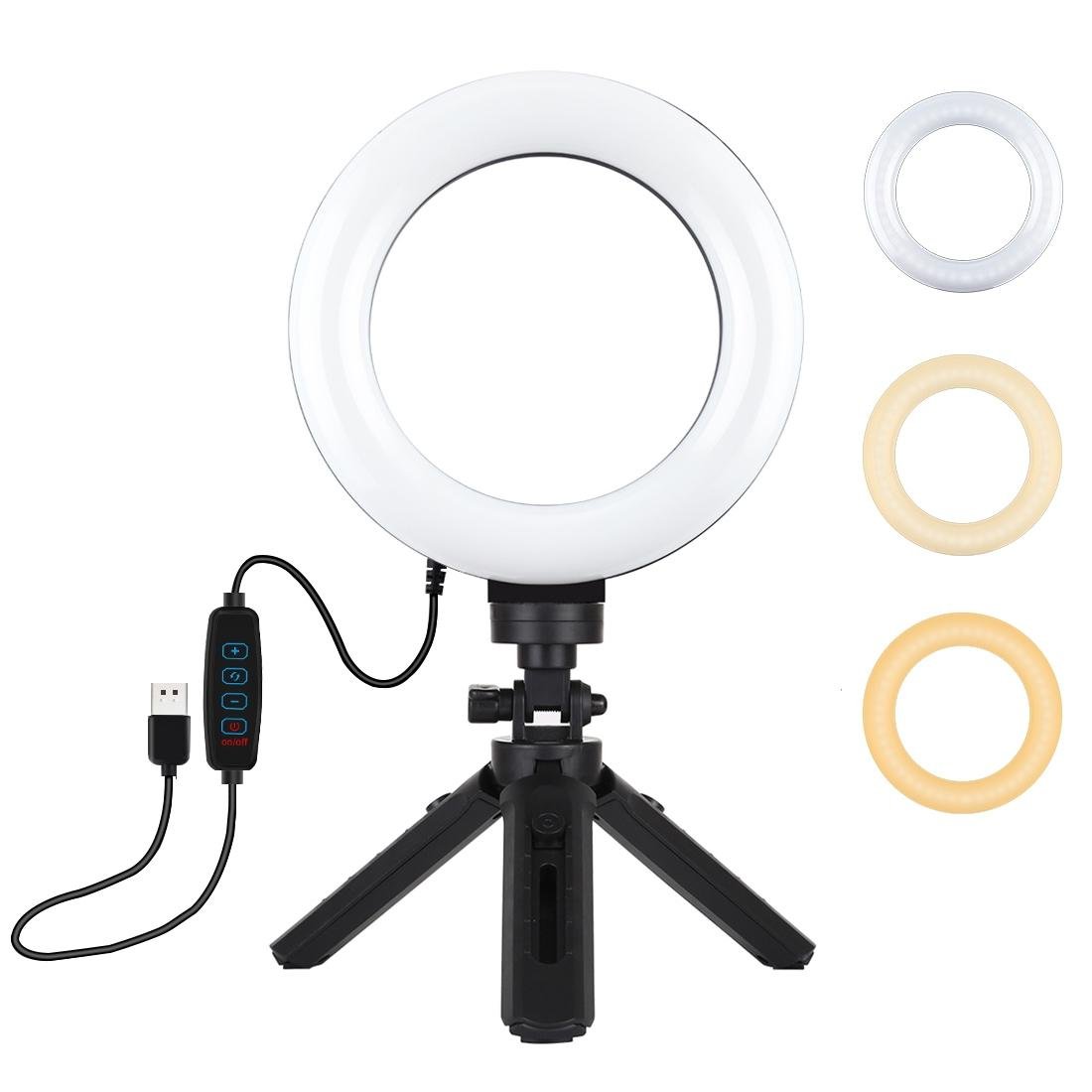 6.2" LED Ring Light with USB 3 Modes Dimmable | Vlogging, Photography, Video Pocket Tripod Mount | Cold Shoe Ball Head | Black
