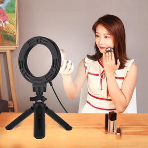 6.2" LED Ring Light with USB 3 Modes Dimmable | Vlogging, Photography, Video Pocket Tripod Mount | Cold Shoe Ball Head | Black