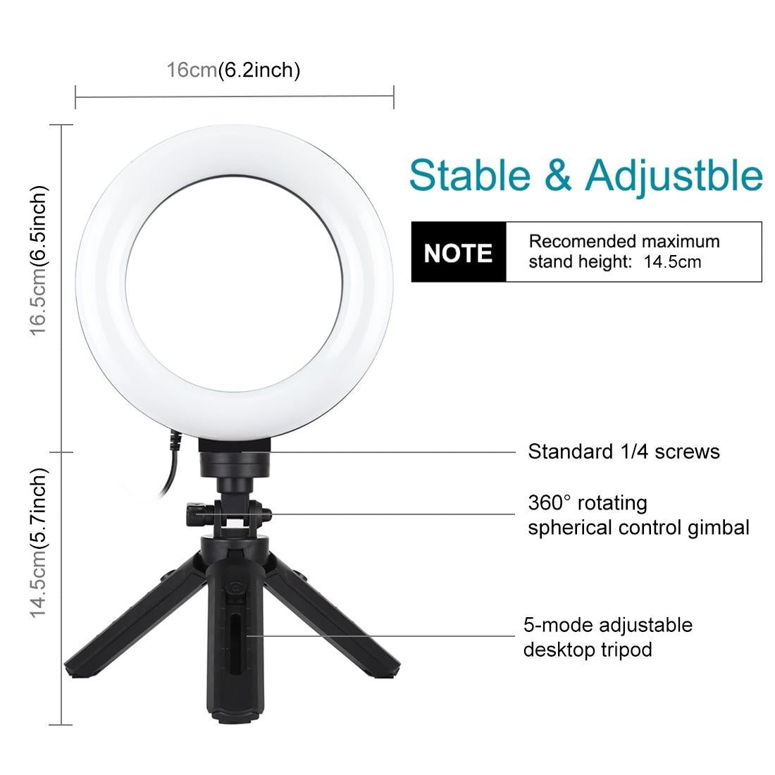 6.2" LED Ring Light with USB 3 Modes Dimmable | Vlogging, Photography, Video Pocket Tripod Mount | Cold Shoe Ball Head | Black