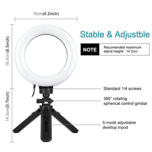 6.2" LED Ring Light with USB 3 Modes Dimmable | Vlogging, Photography, Video Pocket Tripod Mount | Cold Shoe Ball Head | Black
