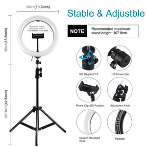 10.2" Ring Light with Tripod | USB | 3 Modes | Dual Colour Diffuse Light | Phone Clamp with Remote | Black