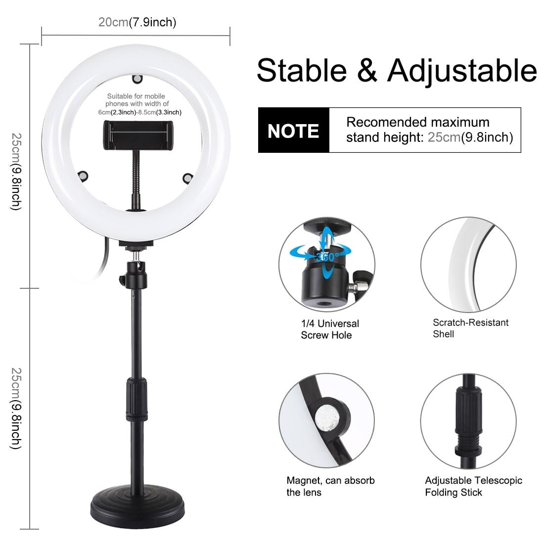 7.9" Dual-Colour LED Ring Light with Desktop Mount & Phone Clamp