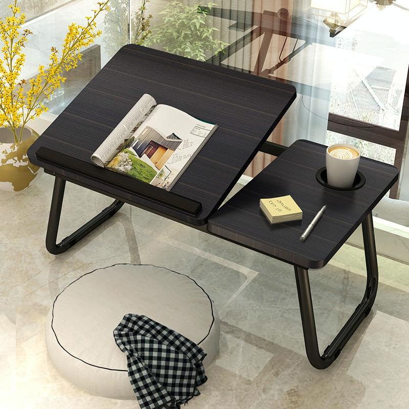 Adjustable Folding Laptop Desk with Cup Holder | Four-Speed Lifting Table for Dorms | Walnut