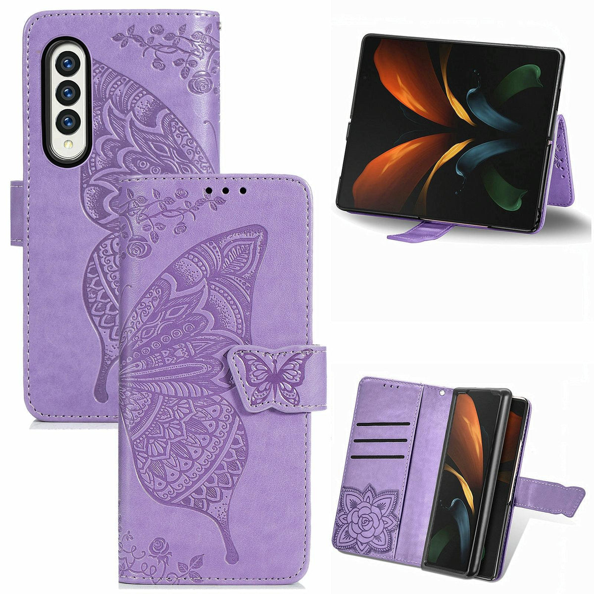 Embossed Butterfly Love Leather Case | For Samsung Galaxy Z Fold 4 | Flower Design | Light Purple