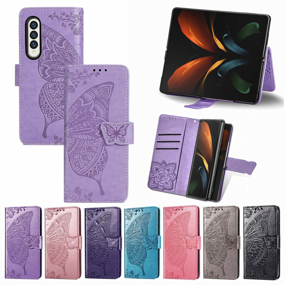 Embossed Butterfly Love Leather Case | For Samsung Galaxy Z Fold 4 | Flower Design | Light Purple