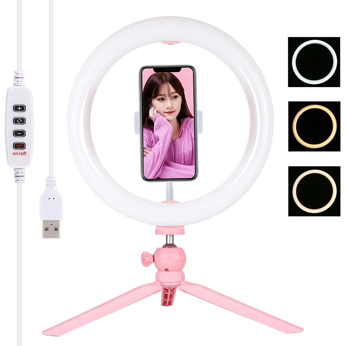 10.2" LED Ring Light with Tripod & Phone Clamp | 3 Modes Dual Colour Temperature Dimmable | Pink