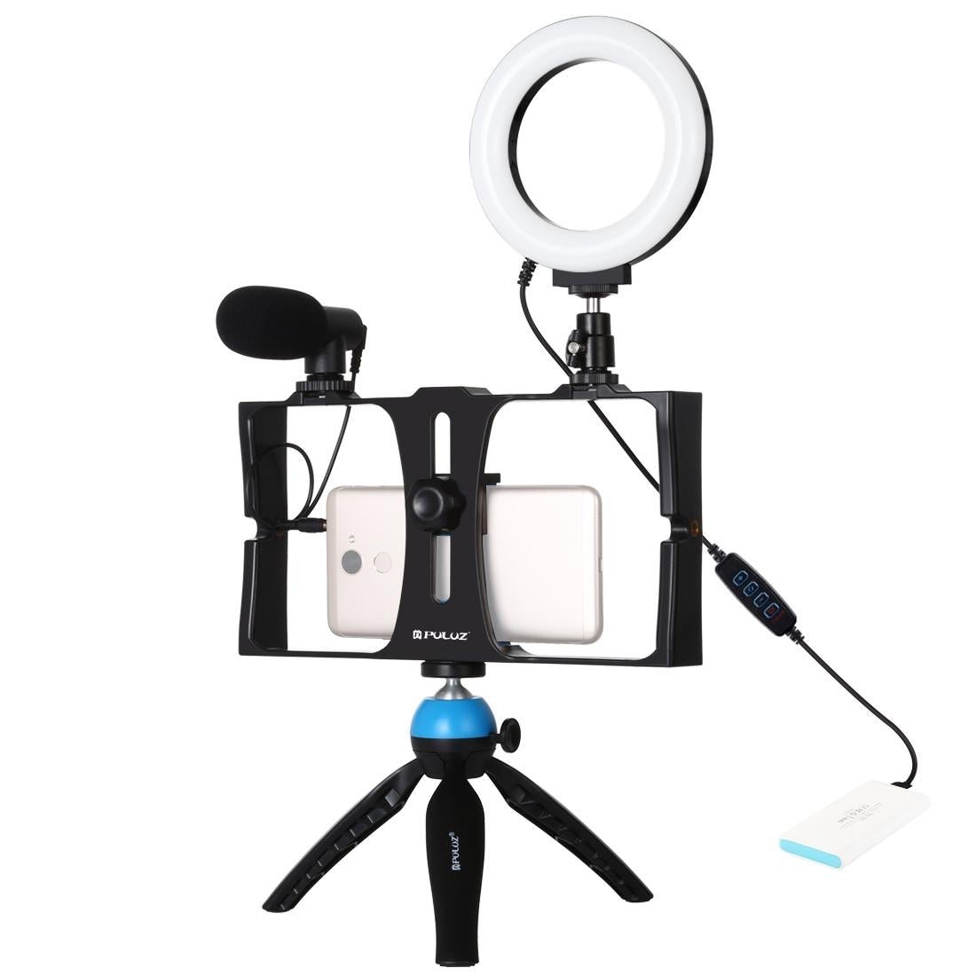 Vlogging Live Broadcast Smartphone Video Rig with LED Selfie Light, Microphone, Tripod Mount & Cold Shoe Head | Blue | PKT3025L