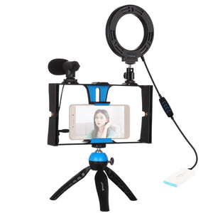 Vlogging Live Broadcast Smartphone Video Rig with LED Selfie Light, Microphone, Tripod Mount & Cold Shoe Head | Blue | PKT3025L