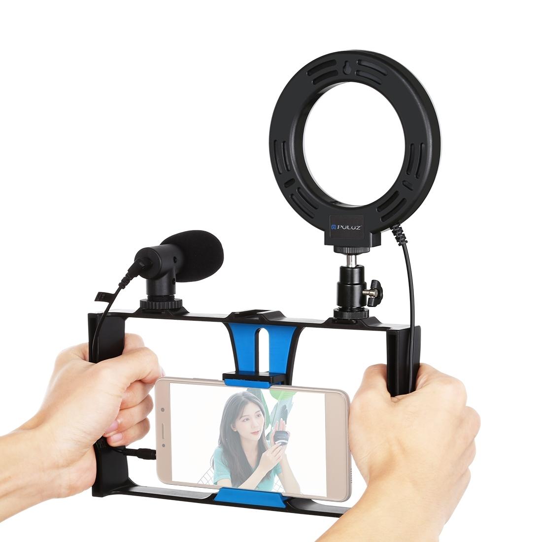 3-in-1 Vlogging Kit with Smartphone Rig, Microphone & LED Ring Light | Blue