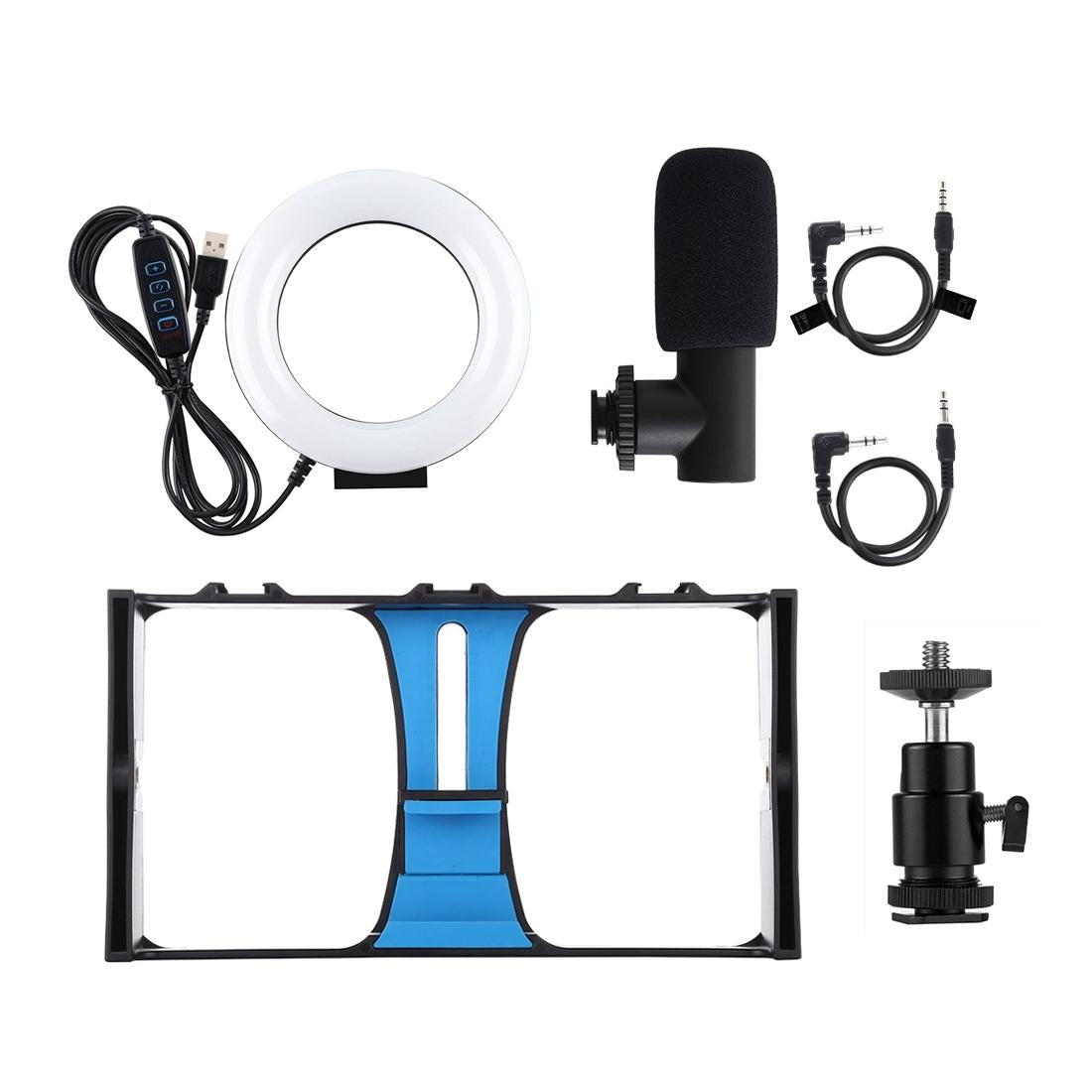 3-in-1 Vlogging Kit with Smartphone Rig, Microphone & LED Ring Light | Blue