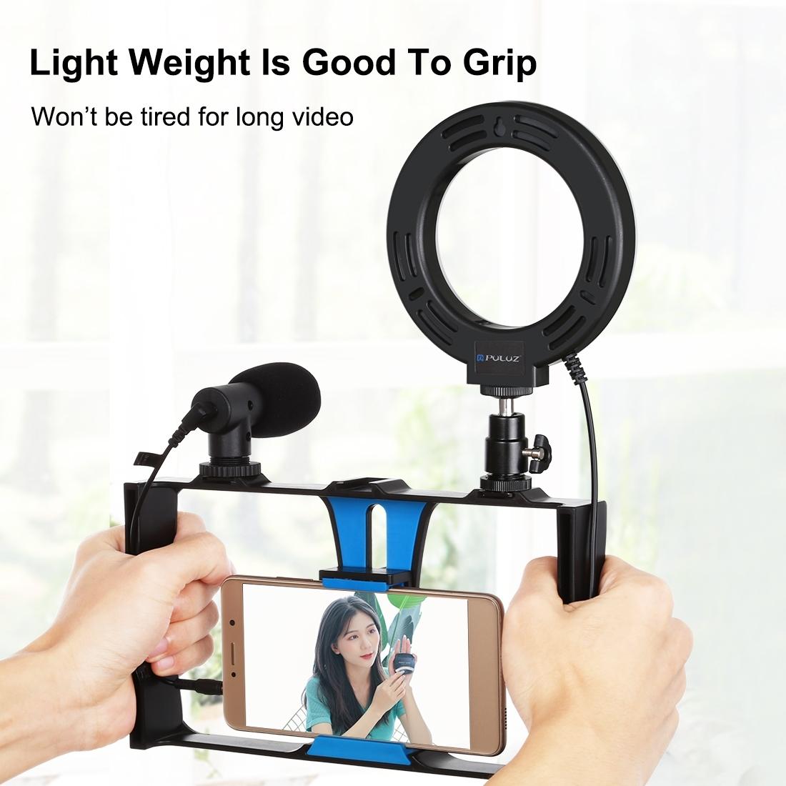 Vlogging Live Broadcast Smartphone Video Rig with LED Selfie Light, Microphone, Tripod Mount & Cold Shoe Head | Blue | PKT3025R