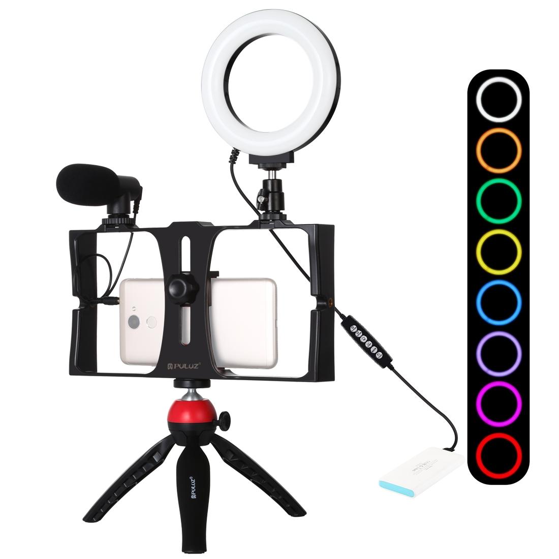 Vlogging Live Broadcast Smartphone Video Rig with 4.7" RGBW Ring LED Selfie Light, Microphone & Pocket Tripod Mount Kit | Red