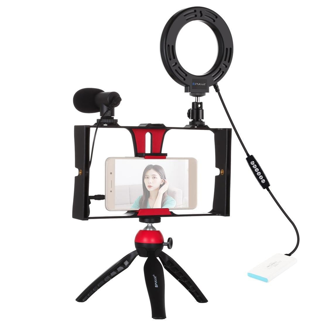 Vlogging Live Broadcast Smartphone Video Rig with 4.7" RGBW Ring LED Selfie Light, Microphone & Pocket Tripod Mount Kit | Red