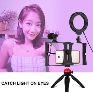 Vlogging Live Broadcast Smartphone Video Rig with 4.7" RGBW Ring LED Selfie Light, Microphone & Pocket Tripod Mount Kit | Red