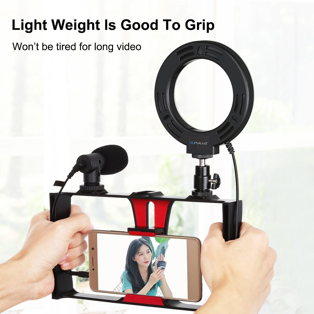 Vlogging Live Broadcast Smartphone Video Rig with 4.7" RGBW Ring LED Selfie Light, Microphone & Pocket Tripod Mount Kit | Red
