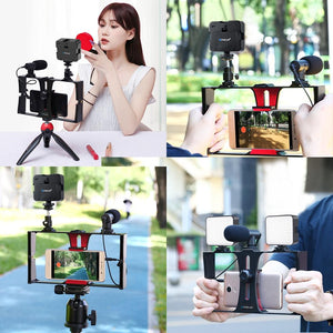 Vlogging Live Broadcast Kit with LED Fill Light, Microphone, Tripod Mount & Cold Shoe Head | Red