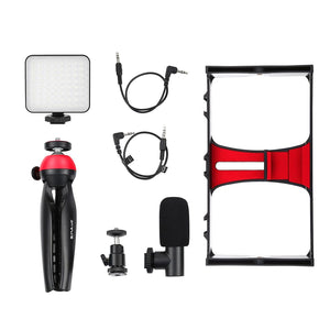 Vlogging Live Broadcast Kit with LED Fill Light, Microphone, Tripod Mount & Cold Shoe Head | Red