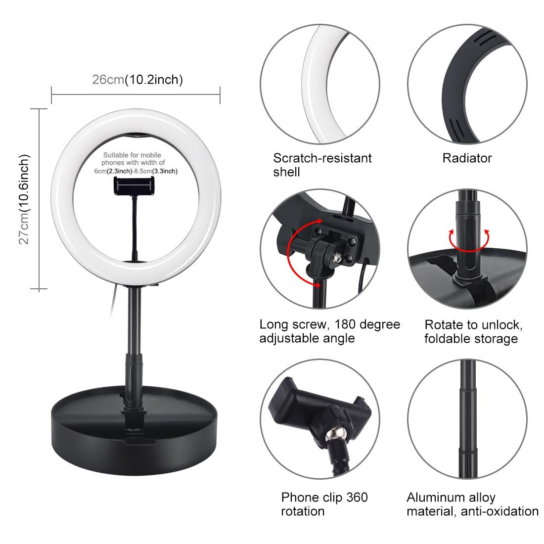 10.2" Dual - Colour LED Ring Light with USB Bluetooth Remote & Phone Holder | White