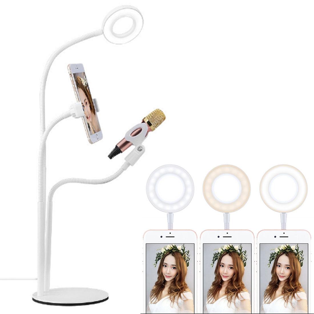 Universal Cell Phone Holder with Selfie Ring Light, Microphone Clip & 3-Colour Light Adjustment for Studio Recording & Live Broadcast | White