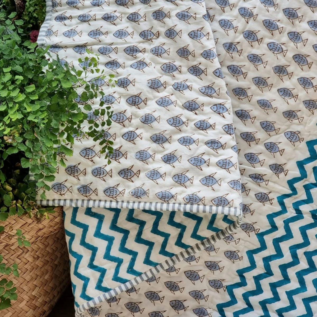 GOTS Certified Organic Cotton Reversible Baby Quilt | 100x120cm | Little Fish (Blue)