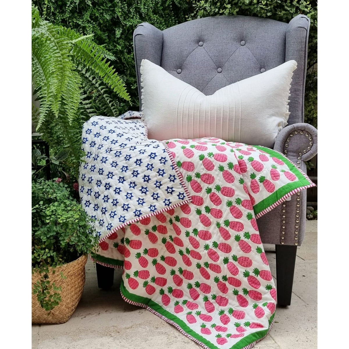 GOTS Certified Organic Cotton Reversible Baby Quilt | 100x120cm | Pink Pineapple