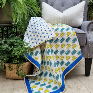GOTS Certified Organic Cotton Reversible Baby Quilt | 100x120cm | Yellow Cars