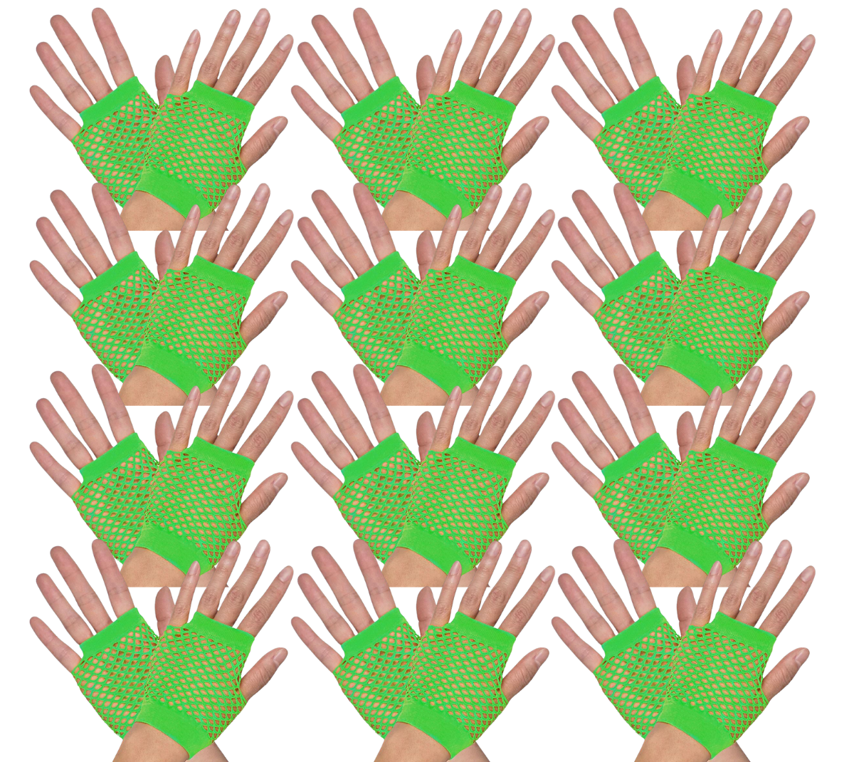 12 Pair Fishnet Gloves | Fingerless | Wrist Length | 70s 80s Costume Party | Fluro Green