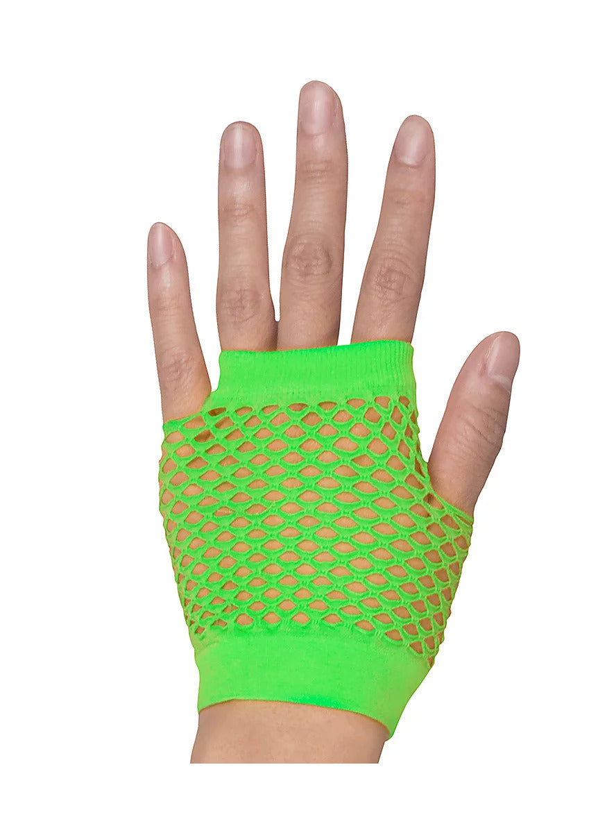 12 Pair Fishnet Gloves | Fingerless | Wrist Length | 70s 80s Costume Party | Fluro Green