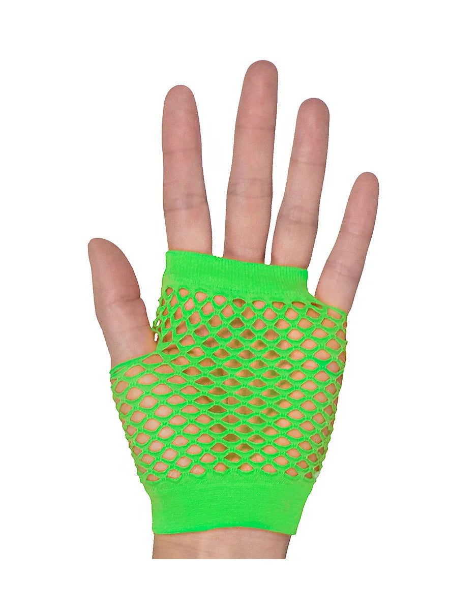 12 Pair Fishnet Gloves | Fingerless | Wrist Length | 70s 80s Costume Party | Fluro Green