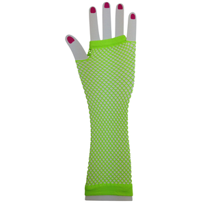 Fishnet Gloves | Fingerless | Elbow Length | 70s 80s Womens Costume Party | Dance | Fluro Green | One Size