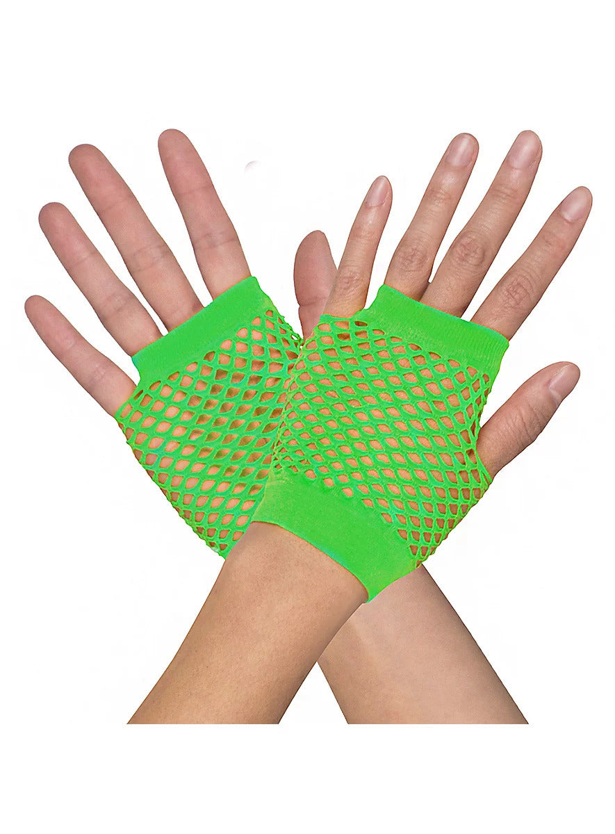 1 Pair Fishnet Gloves | Fingerless | Wrist Length | 70s 80s Costume Party | Neon Green