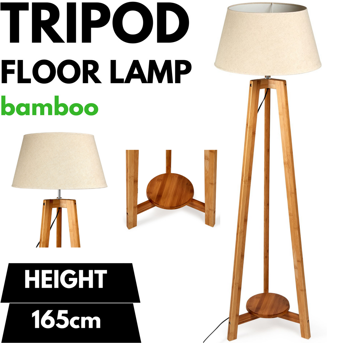 155cm Large Bamboo Wooden Tripod Floor Lamp | Beige Linen Light Shade