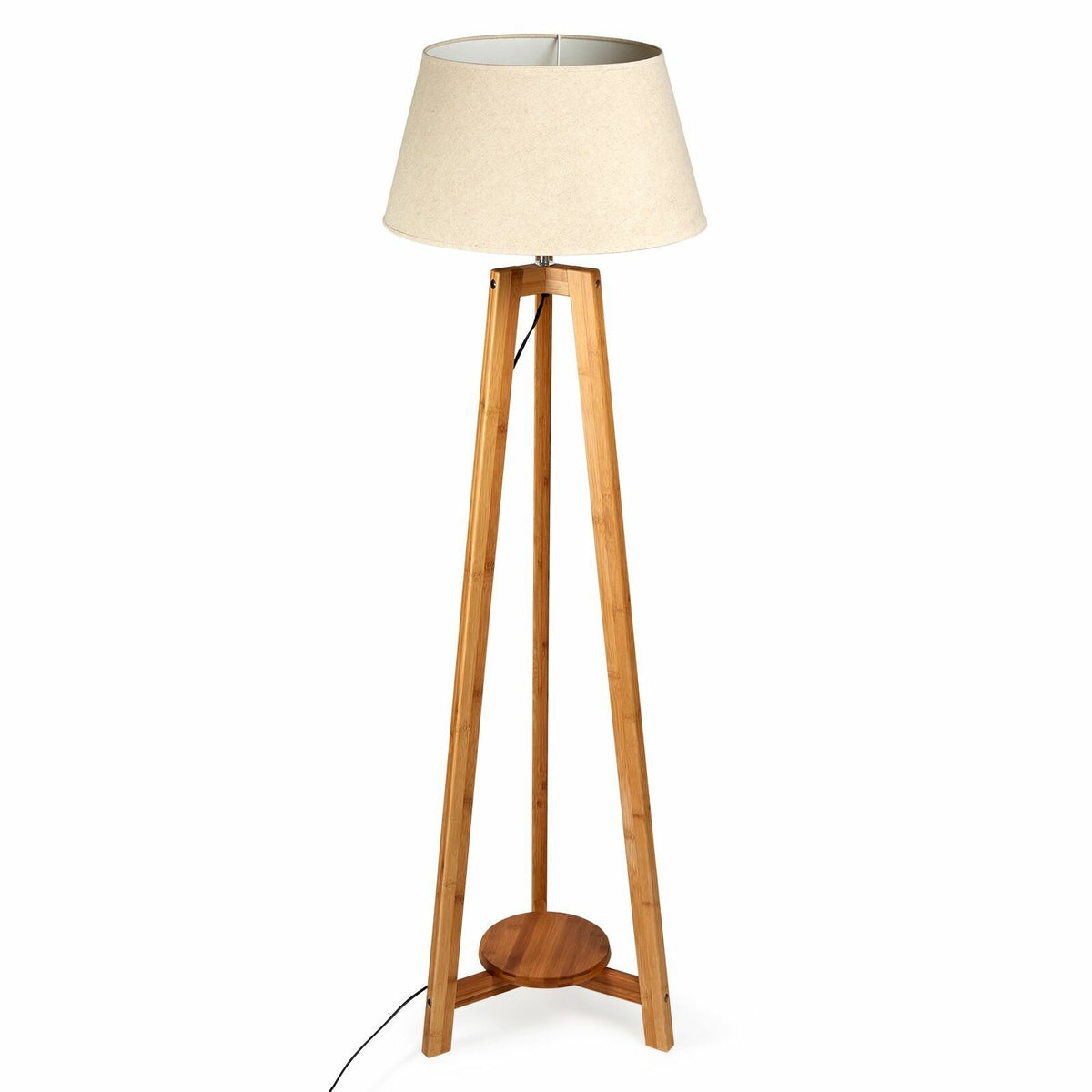 155cm Large Bamboo Wooden Tripod Floor Lamp | Beige Linen Light Shade