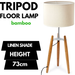 73cm Bamboo Tripod Table Lamp | Modern Vintage Design | Beige Linen Shade