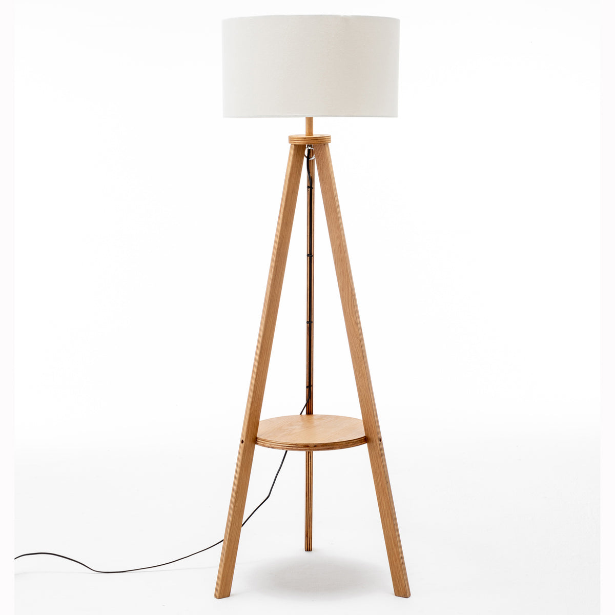 Natural Wooden Tripod Floor Lamp | Round Wood Shelf + Off-White Linen Shade