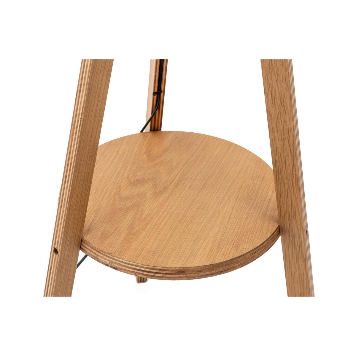 Natural Wooden Tripod Floor Lamp | Round Wood Shelf + Off-White Linen Shade