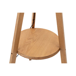 Natural Wooden Tripod Floor Lamp | Round Wood Shelf + Off-White Linen Shade