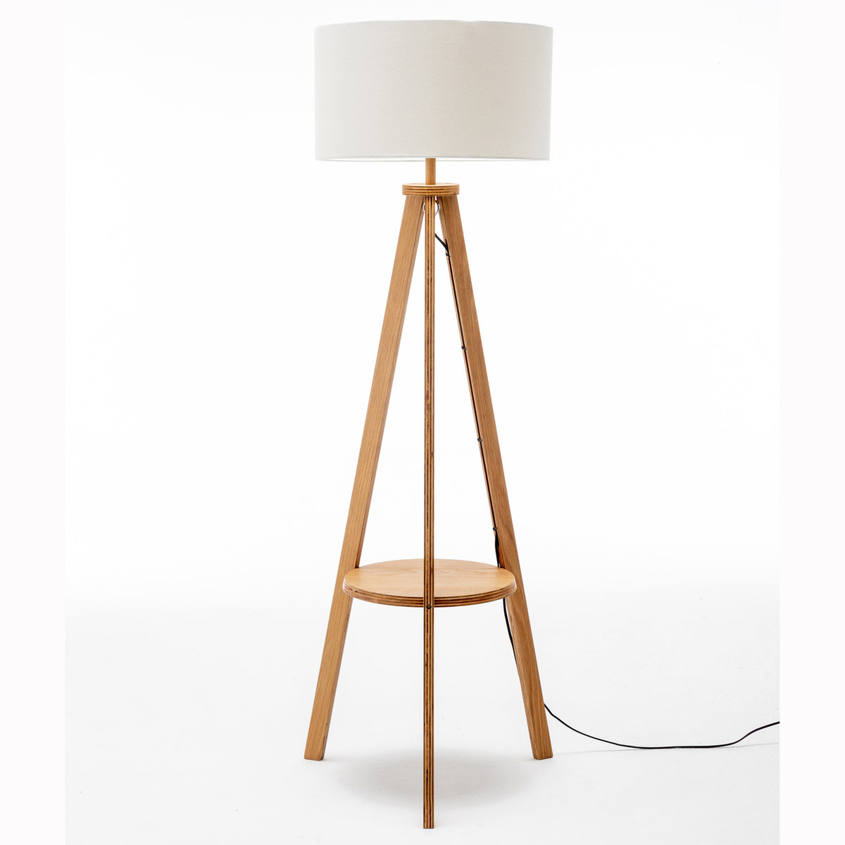 Natural Wooden Tripod Floor Lamp | Round Wood Shelf + Off-White Linen Shade