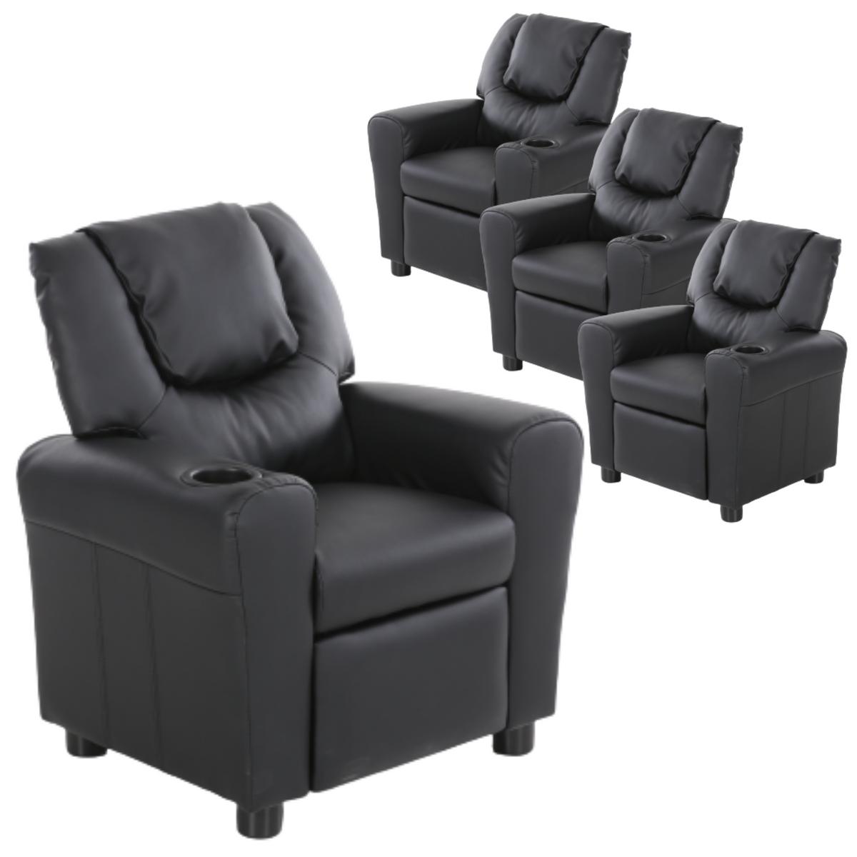 Set of 4 Oliver Kids Recliner Chair Sofa | Children Lounge Couch PU Armchair | Black
