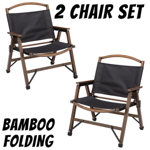 2x Bamboo Canvas Foldable Outdoor Camping Chair | Wooden Travel Picnic Park | Black