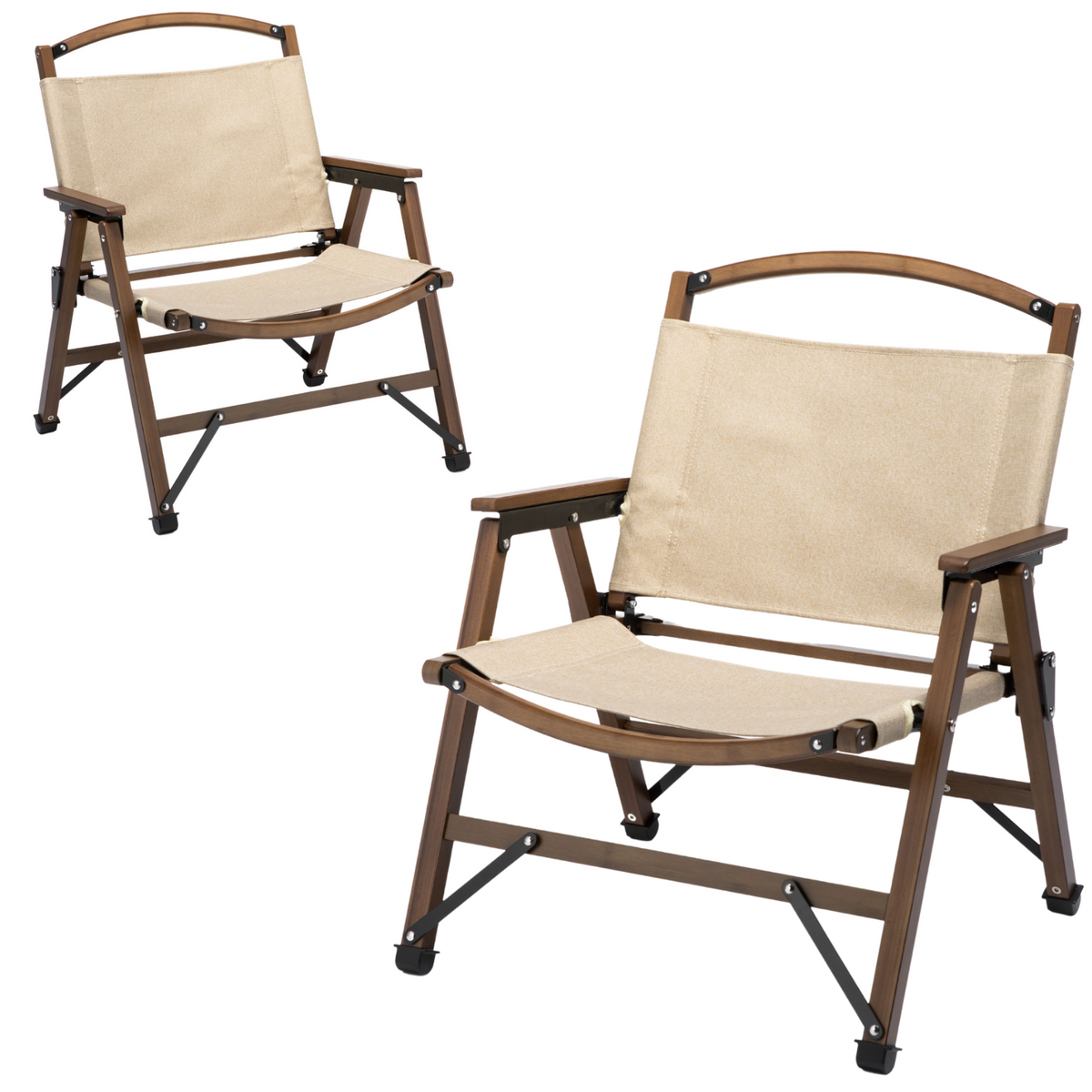 2x Bamboo Foldable Outdoor Camping Chair | Wooden Travel Picnic Park | Folding | Khaki/Beige