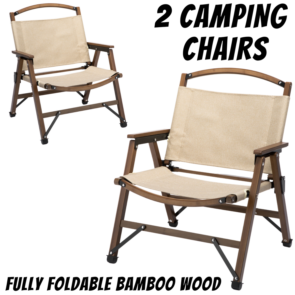 2x Bamboo Foldable Outdoor Camping Chair | Wooden Travel Picnic Park | Folding | Khaki/Beige
