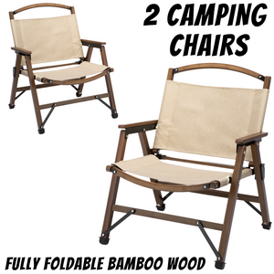 2x Bamboo Foldable Outdoor Camping Chair | Wooden Travel Picnic Park | Folding | Khaki/Beige