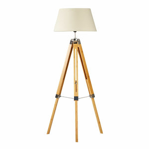 Large Tripod Floor Lamp | Linen Shade | Modern Bamboo Vintage Wooden Retro Light