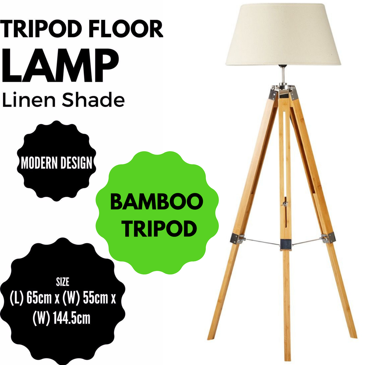 Large Tripod Floor Lamp | Linen Shade | Modern Bamboo Vintage Wooden Retro Light