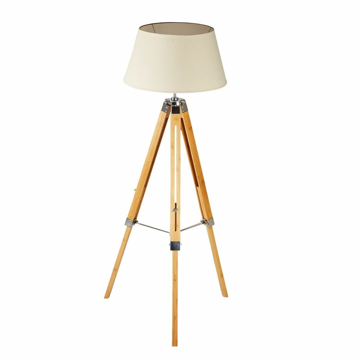 Large Tripod Floor Lamp | Linen Shade | Modern Bamboo Vintage Wooden Retro Light